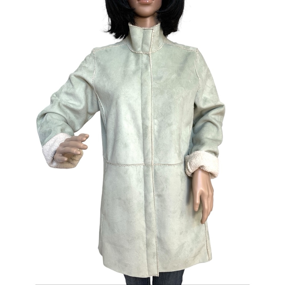 Faux Vintage Shearling Knee Length Coat in Pale Green, S